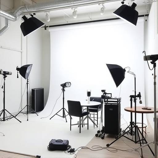 Bright and airy photography studio in Long Island City with professional lighting equipment.