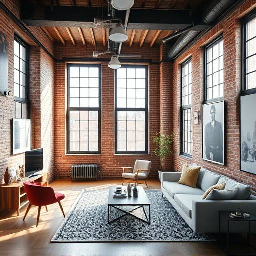 Stylish loft in Tribeca with exposed brick walls, large windows, and modern furnishings.